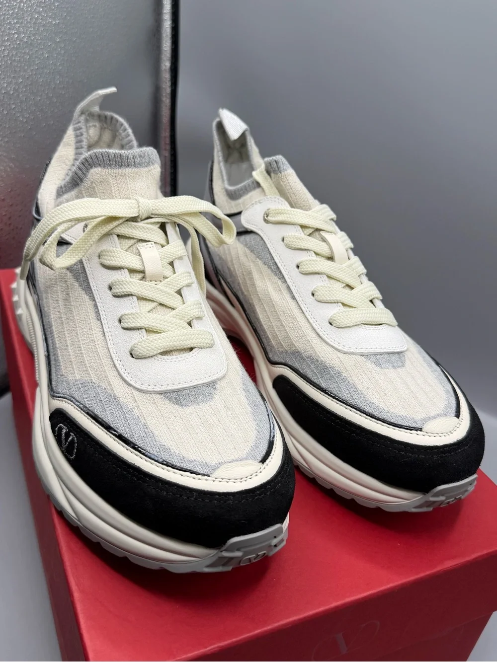 Neutral Knit Lace-Up Women's Sneakers with Black Accents